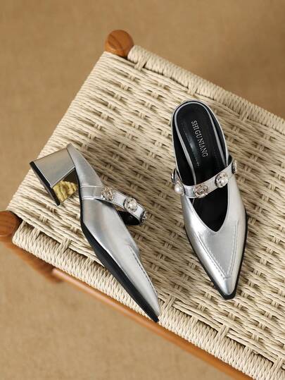 2026 Summer New Fashion Office Casual Versatile Party Women's Mule Shoes, Solid Colors Beige Black Silver Brown Open Toe Slip-On Sandals, European And American Style Pearl Decor Elegant Minimalist High Heel Roman Sandals, Suitable For Wide-Leg Pants And Dresses