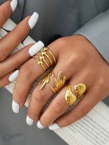 Frminee 3pcs/1pc Chunky Design Geometric Stackable Gold Stainless Steel Ring, Western Jewelry, Waterproof, Suitable For Daily, Date, Party, Holiday Accessories Gifts - Gold - View 6