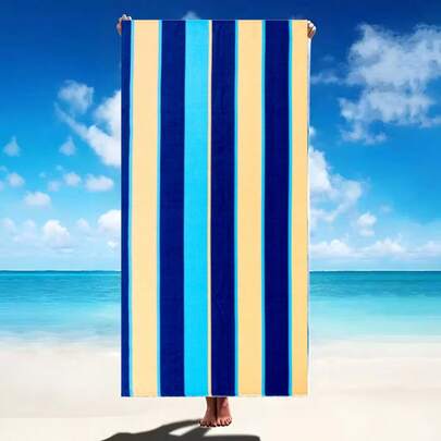 1pc Striped Beach Towel, Thick Super Soft Fiber Beach Towel With Active Printing, Fade-Resistant, Non-Stick Sand, Durable, Suitable For Bathroom, Beach, Sofa, Swimming Pool, Camping