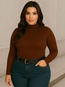Women's Plus Size Basic Long-Sleeved Turtleneck Blouse, Made Of Knit Fabric With Ribbed Details, Highly Stretchy And Comfortable For Everyday Wear. - 咖啡棕 - 查看 4