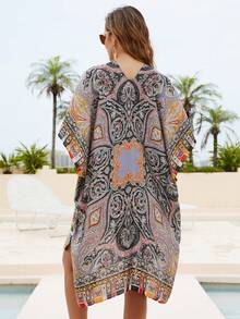 1pc Women's Retro Elegant Bohemian Style Paisley Print Faux Silk Kimono Cover Up, Casual Beach Cover-Up For Spring/Summer - Multicolor - View 6