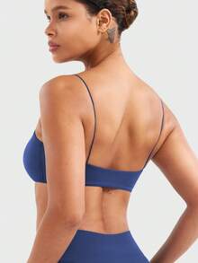 VOYJOY Women Spaghetti Strap Sports Bra Padded Low Support Seamless Impact Cami Square Neck Workout Yoga Bra Crop Top - 海報藍 - 查看 2