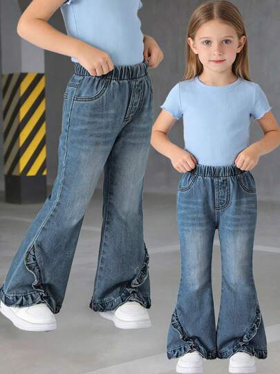 Flickors casual söta gatustil med volangdekor och elastisk midja, utsvängda jeans, lämpliga för vår, sommar, höst