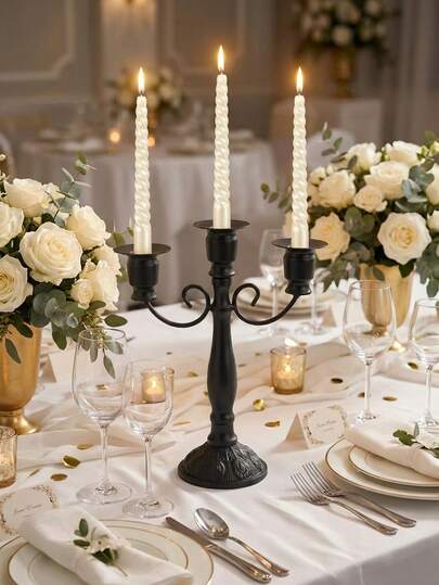 1 Chân nến ba nhánh bằng kim loại, kiểu dáng cổ điển châu Âu lãng mạn Pháp, thích hợp trang trí bàn ăn/tiệc chiêu đãi/tiệc sinh nhật/phòng khách/lối vào/trang trí mặt bàn/bệ lò sưởi/tụ họp gia đình, trang trí nhà cửa, đồ trang trí, trang trí sinh nhật.