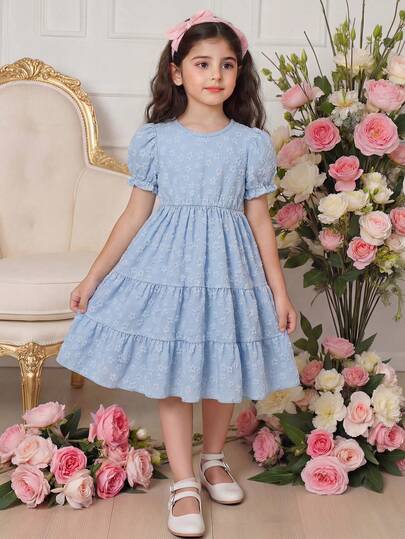 Young Girls' Summer New Puff Sleeve Waist Cinched Fresh Blue Floral Delicate Dress