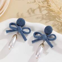 1 Pair Of Fashionable European And American Denim Earrings With Bows, Vintage Personalized Handmade Pearl Studs, Vintage Blue Denim Accessories - 淺藍色 - 查看 1