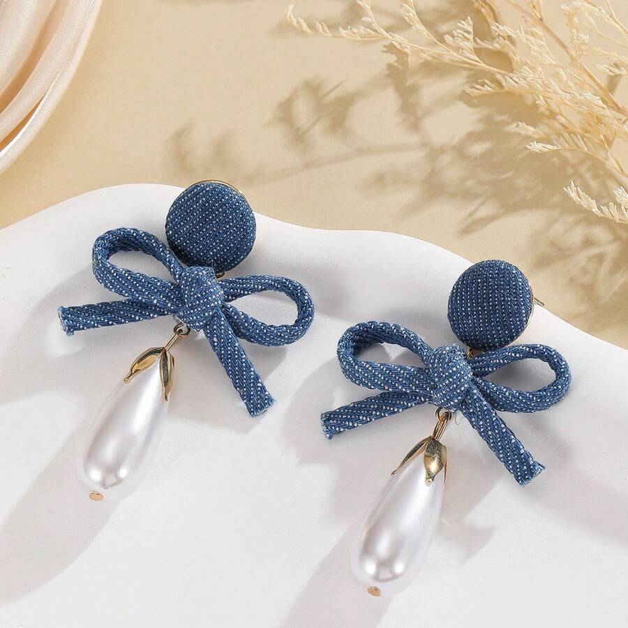 1 Pair Of Fashionable European And American Denim Earrings With Bows, Vintage Personalized Handmade Pearl Studs, Vintage Blue Denim Accessories - 淺藍色 - 查看 1