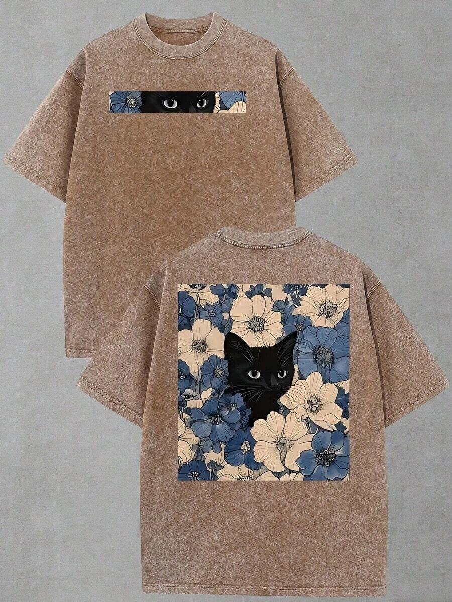 2026 Summer Clothes(230g T-Shirt) Oversized Washed Cotton "Faith Over Fear" Floral Graphic Christian T-Shirt, Casual Soft Short Sleeve, Breathable Ret - 咖啡棕色2 - 查看 1