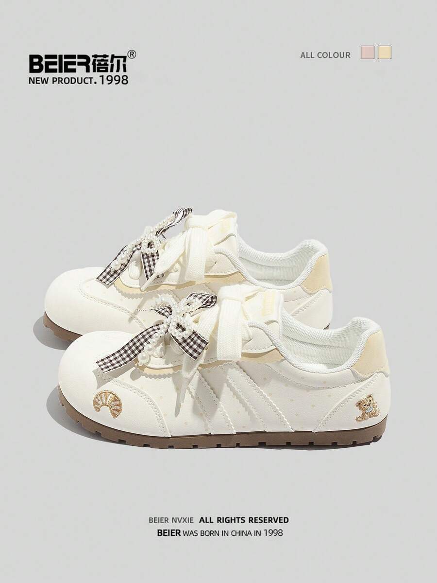 BEIER 简约休闲新款时尚百搭真皮休闲鞋，女士圆头平底系带运动鞋 - 黃色 - 查看 1