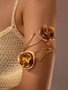 1 pieza Brazalete de flor de rosa de metal, accesorio de moda vintage de alta calidad, diseño de pétalos multicapa único, adecuado para fiestas, festivales, regalos - Amarillo dorado - Ver 2