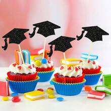 12pcs/24pcs 2026 Graduate Black Glitter Graduation Cap Cupcake Toppers & Wrappers Set, Suitable For Decorating Cakes And Cupcakes At Graduation Ceremony - Black Graduation Cap - View 1