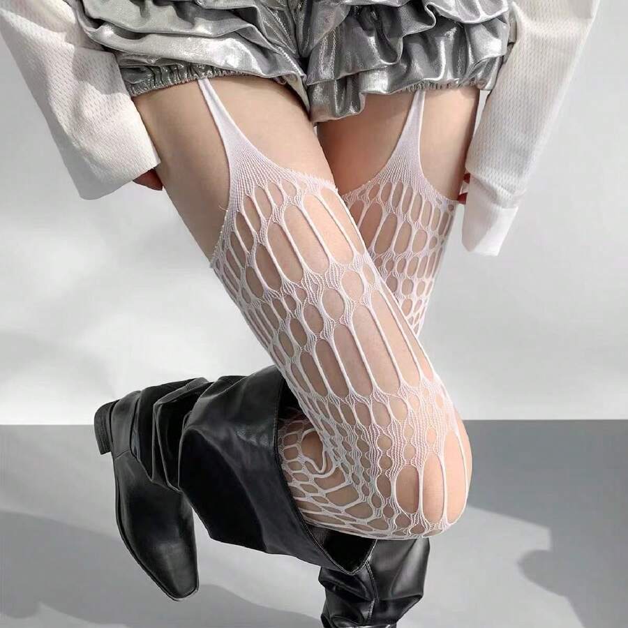 性感黑色网眼过膝长筒袜，玫瑰图案，Y2K美学透明长筒袜 - 彩色 - 查看 1