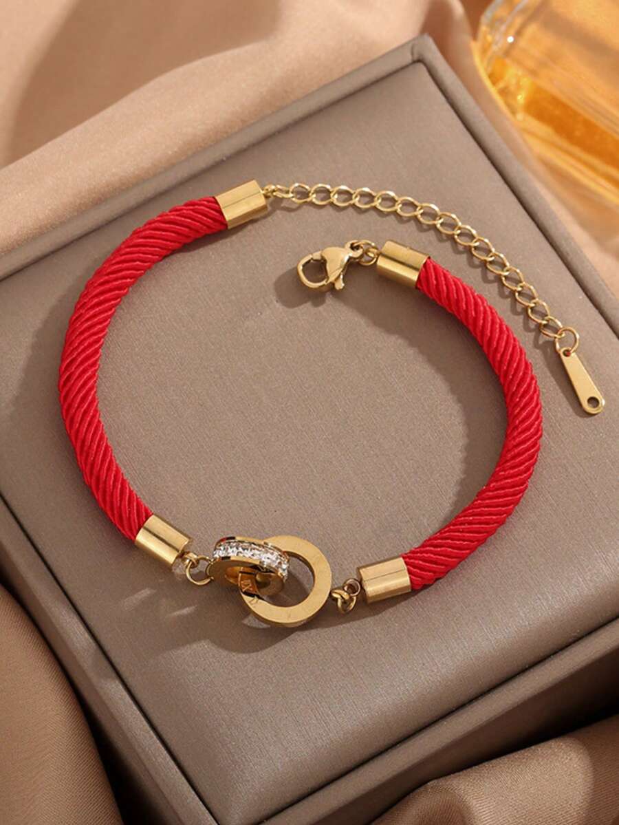 1 pieza Pulsera de acero inoxidable con cuerda trenzada roja, números romanos y anillo doble de acero de titanio, diseño de joyería versátil y con suerte de moda - Rojo - Ver 1