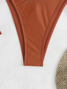Hollow Design Solid Color Beaded Hollow Camisole Bikini Set Vacation Beach Summer - Brown - View 11
