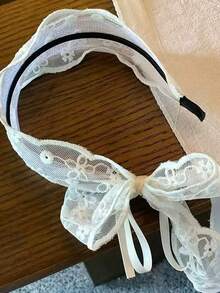 1pc Girls' Lace Bow Headband, Fashionable & Versatile For Spring/Summer - Beige - View 3