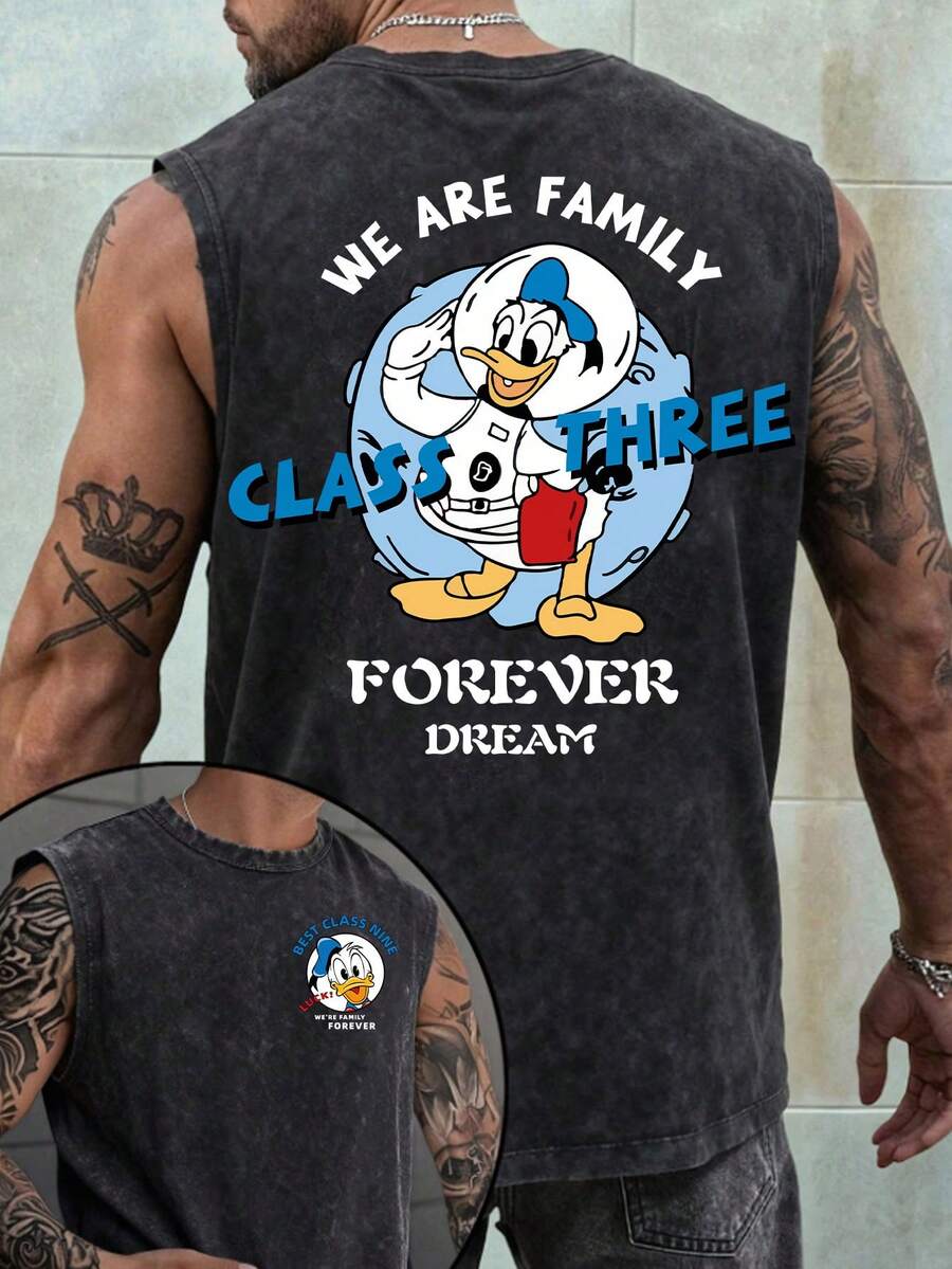 Disney Donald Duck Space Class Tee 230GSM Vintage Washed Streetwear Reversible Casual Tank Top - màu đen - Xem 1