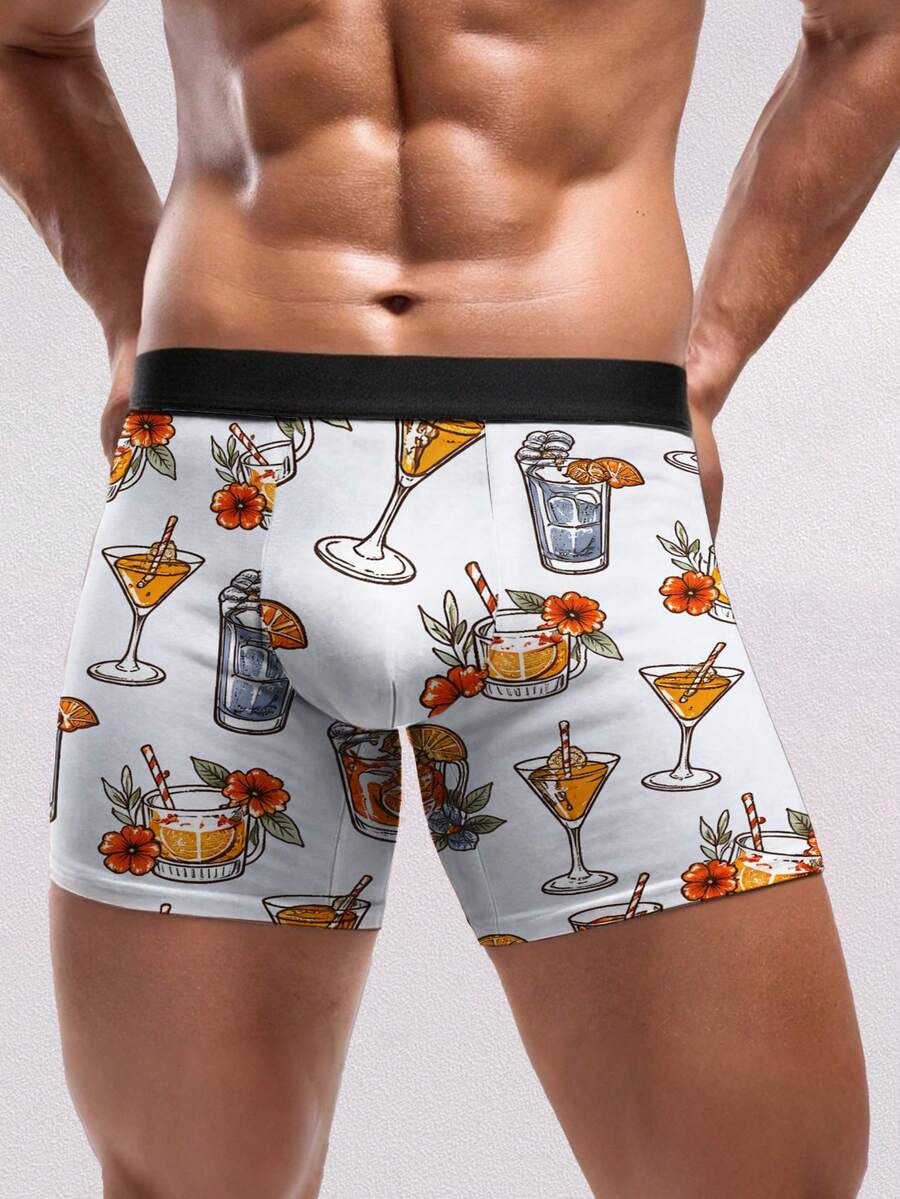 1PC Men's Novelty Boxer Briefs, Fun Cocktail & Tropical Drink Print, Polyester Underwear, Casual Home & Beach Wear, Perfect For Summer Parties & Vacation Gifts - White - View 1