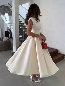 优雅简约时尚休闲复古喇叭短袖纯色褶皱拉链女士长连衣裙，适合晚宴、度假、上学、办公、海滩、夏季等场合。 - 杏色 - 查看 6