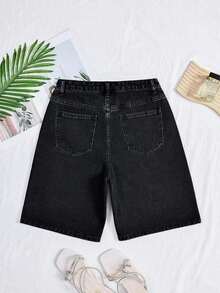 Women's Rhinestone Embellished Washed Straight Leg Denim Shorts - Black - View 3