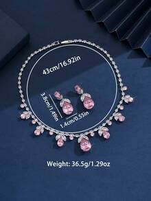 3pcs Zirconia Luxury Necklace, Earrings & Pink Tulip Jewelry Set, Fashionable Blooming Outfit Accessory - Multicolor - View 6