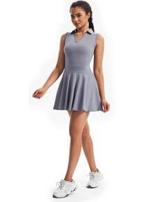 Plain Fitness Dress With Polo Collar And Built-In Shorts With Comfortable Pocket - 灰色 - 查看 4
