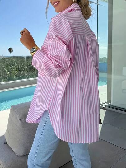 [Drop Shoulder Shirt] Plus Size, Plus Size Women's Drop Shoulder Long Sleeve Shirt, Casual Vacation Loose Striped Versatile Button-Up Top Daily Outings