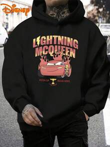 Disney Men's Casual Hoodie, Lightning McQueen 95 Flame Print, Bold Racing Style, Comfortable Fit, Perfect For Streetwear & Fan Gatherings - màu đen - Xem 2