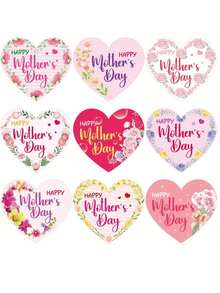 500张母亲节贴纸 | 心形和花朵图案的感谢贴纸，印有“母亲节快乐”和“母亲节”字样。采用花卉图案，非常适合作为礼物、封口贴、花束装饰、烘焙、剪贴簿和手工制作。| 纸质贴纸，一次性使用。 - 多色 - 查看 6