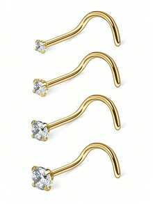 4pcs 1.5/2/2.5/3mm Shiny Cubic Zirconia Nose Piercing Jewelry, I/L/S Shape Nose Bone & Ear Piercing Accessories - Nose Stud Set - View 4