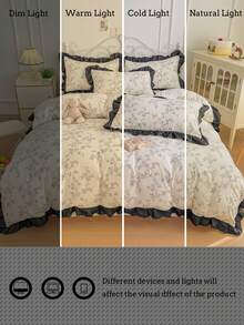 Juego de ropa de cama con volantes con estampado floral ditsy (1 funda nórdica + 2 fundas de almohada, sin relleno), suave y cómodo para dormitorio/habitación de invitados, lavable a máquina, para todas las estaciones - Blanco - Ver 5