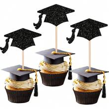 12pcs/24pcs 2026 Graduate Black Glitter Graduation Cap Cupcake Toppers & Wrappers Set, Suitable For Decorating Cakes And Cupcakes At Graduation Ceremony - Black Graduation Cap - View 4
