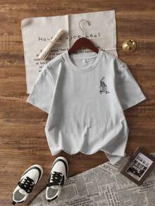 Y2K Cartoon Print Short Sleeve T-Shirt, Women's Summer Casual Loose Fit Round Neck Versatile Slim Tops - Light Grey - View 5