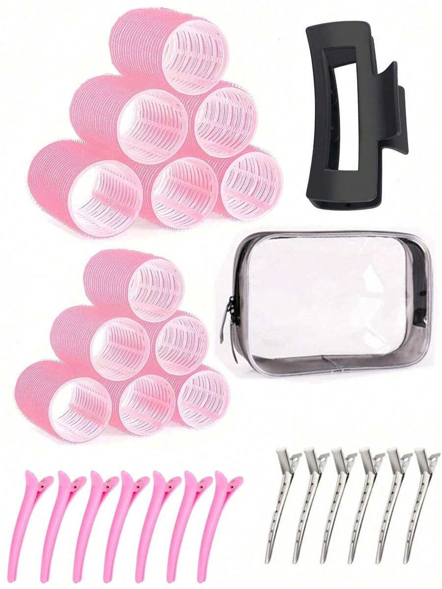 女士专用2种尺寸卷发器，12个卷发器，适用于长发、中发、短发，大号、中号、小号自粘式卷发器，含12个卷发器、1个发夹、1个化妆包和1个爪夹
