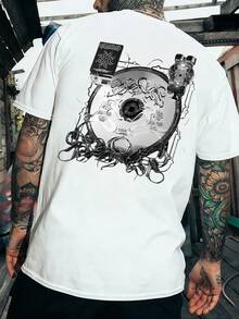 FRACTYR Men's Casual Versatile Fashionable Cyberpunk & Dark Aesthetic Compact Disc Graphic Print Round Neck T-Shirt, Summer Casual Street Art Style - White - View 1
