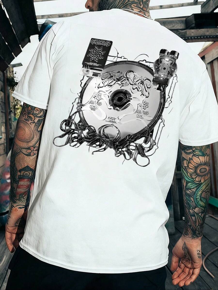 FRACTYR Men's Casual Versatile Fashionable Cyberpunk & Dark Aesthetic Compact Disc Graphic Print Round Neck T-Shirt, Summer Casual Street Art Style - White - View 1