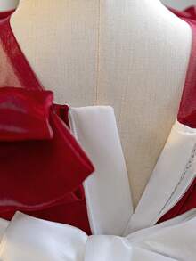 Baby Girls' Round Neck Contrast Bow Satin Cute Flower Girl Puffy Dress For Wedding, Birthday Party, Banquet, Excluding Headband - Burgundy - View 10