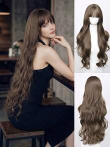 32 Inch Long Cool Brown Wavy Wig For Women - Bangs, Heat-Resistant Synthetic, Adjustable Fit - Brown - View 2
