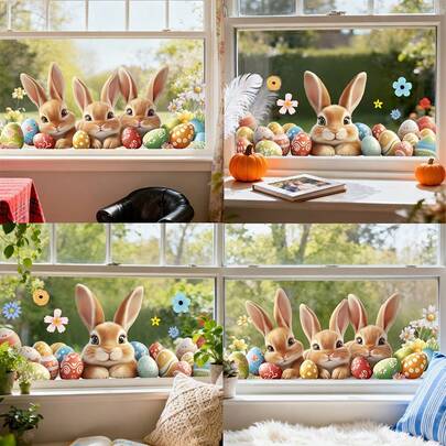 1-2pcs Cute Bunny And Egg Easter Glass Stickers: Peeking Cartoon Bunnies With Easter Eggs, Creative Semi-Transparent Stickers, Double-Sided, Waterproof And Easy To Stick, Suitable For Room Living Room, Glass Windows, Classroom, Party And Festival Decorations.