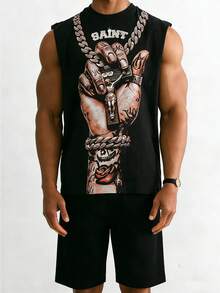 男士夏季睡衣套装，时尚背心和印花短裤，深色清凉两件套睡衣 - 彩色 - 查看 1