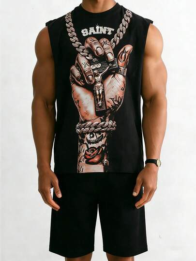 男士夏季睡衣套装，时尚背心和印花短裤，深色清凉两件套睡衣