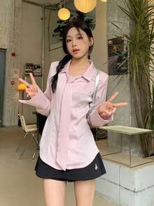 Y2K风格女式衬衫，粉色条纹不对称下摆长袖翻领上衣，适合上学和休闲穿着（配系带）春季款 - 粉色 - 查看 2