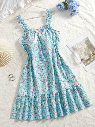 女士碎花无袖睡衣 - 荷叶边肩带和下摆，轻盈透气夏季家居服，休闲优雅睡衣，舒适睡袍，露肩睡袍