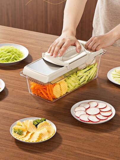 New Upgraded Multi-Function Vegetable Chopper Mandoline Slicer Set - Manual Food Chopper/Grinder With Container, Handheld Onion Chopper With Interchangeable Blades, ABS Plastic Kitchen Tool, Suitable For Home Use
