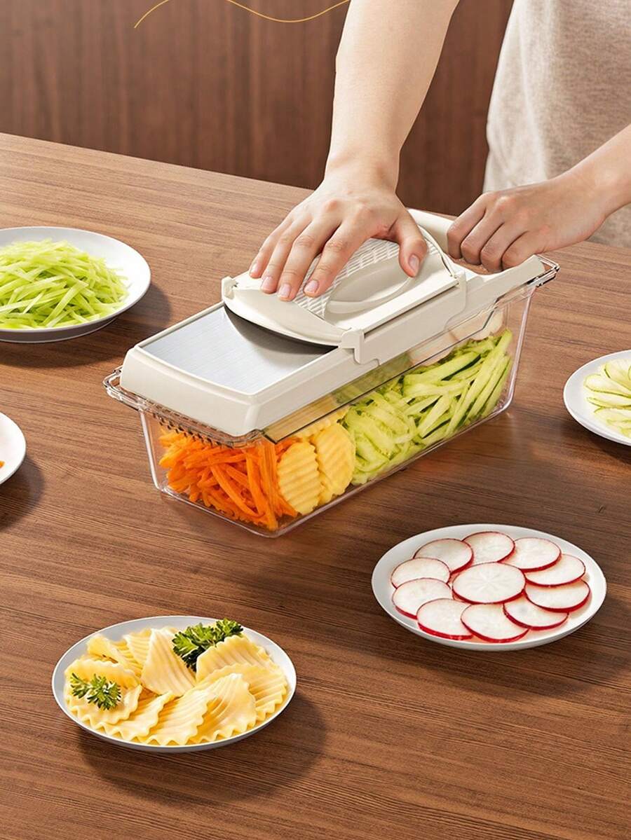 New Upgraded Multi-Function Vegetable Chopper Mandoline Slicer Set - Manual Food Chopper/Grinder With Container, Handheld Onion Chopper With Interchangeable Blades, ABS Plastic Kitchen Tool, Suitable For Home Use