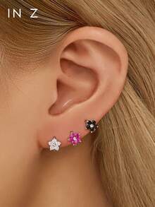 2pcs 925 Sterling Silver Five-Petal Flower Earrings, Gold Zirconia Earrings, Suitable For Women's Daily Wear - Five-petal Flower Earrings - View 6