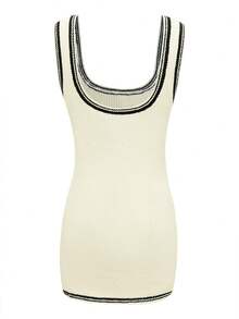 Letter Print Knit Dress, Button Front, Contrast Trim - Beige - View 4