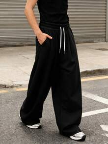男士黑色宽松抽绳腰九分裤，休闲街头风 - 黑色 - 查看 4
