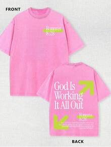 Vintage Washed T-Shirt Double Sided Printed (230 Pure Cotton T-Shirt) God Is Working It All Out Romans Graphic, Comfortable, Fashionable T-Shirt, Street Style Cotton Tee - 粉色 - 查看 1
