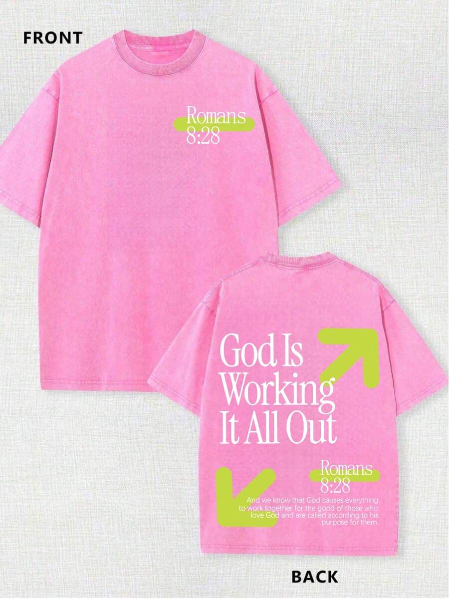 Vintage Washed T-Shirt Double Sided Printed (230 Pure Cotton T-Shirt) God Is Working It All Out Romans Graphic, Comfortable, Fashionable T-Shirt, Street Style Cotton Tee - 粉色 - 查看 1