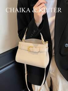 Túi xách nữ thời trang họa tiết vải thiều mùa hè mới, túi đeo vai có thể điều chỉnh, túi công sở kiểu dáng tối giản màu trơn cao cấp với phụ kiện kim loại. - trắng - Xem 6